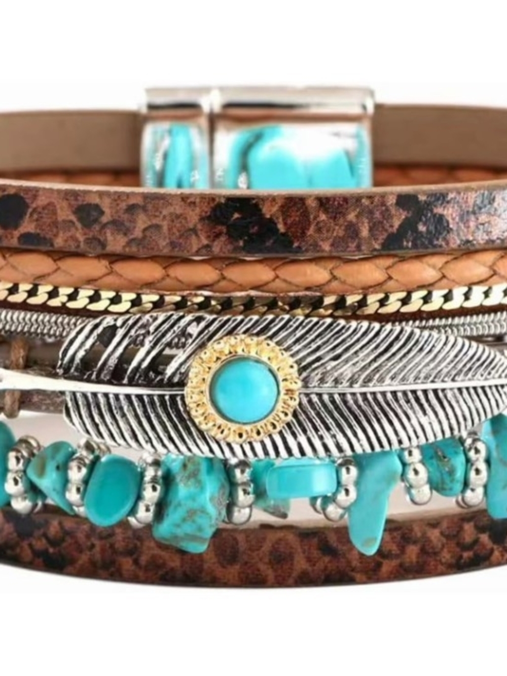 🪶 Multilayer Leather magnetic closure Wrap Bracelet  Feather Handmade Bohemian